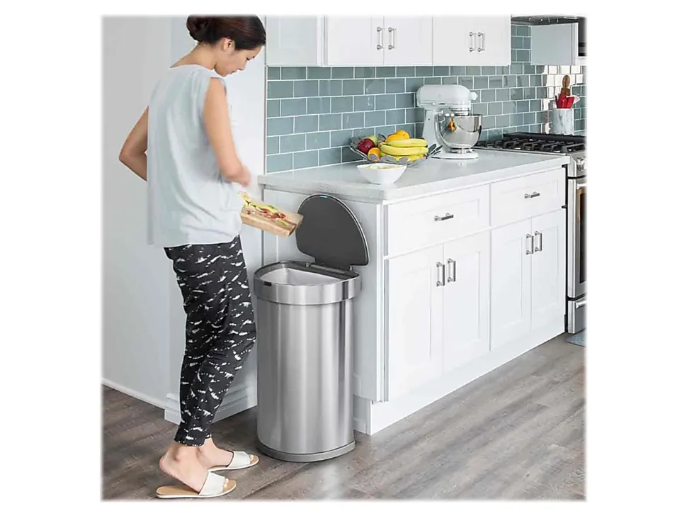 simplehuman® Semi-Round Sensor Stainless-Steel Trash Can With Liner Pocket, 12 Gallons, 25-1/4"H x 15-7/16"W x 12-13/16"D, Brushed Stainless Steel