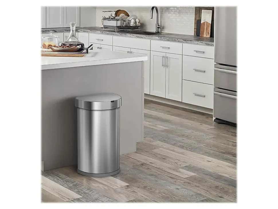 simplehuman® Semi-Round Sensor Stainless-Steel Trash Can With Liner Pocket, 12 Gallons, 25-1/4"H x 15-7/16"W x 12-13/16"D, Brushed Stainless Steel