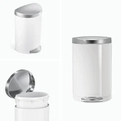 simplehuman Semi-Round Steel Step Trash Can, 1.6 Gallons, White With Stainless Steel Lid