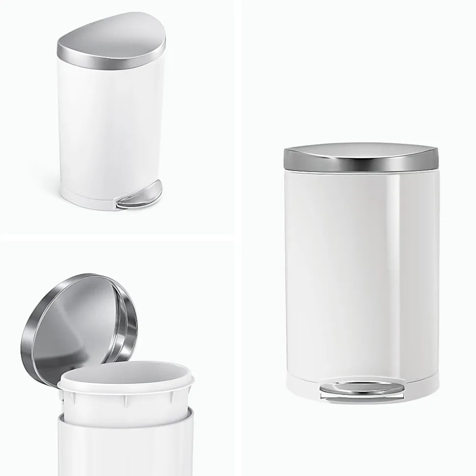 simplehuman Semi-Round Steel Step Trash Can, 1.6 Gallons, White With Stainless Steel Lid