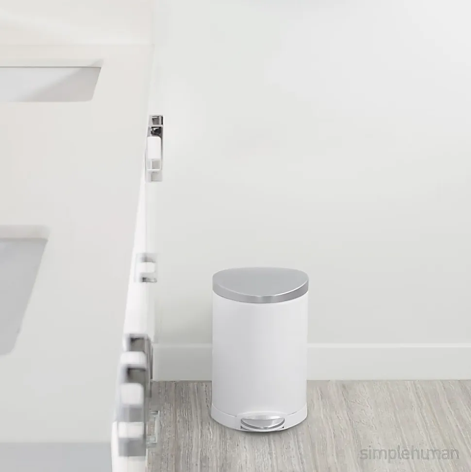 simplehuman Semi-Round Steel Step Trash Can, 1.6 Gallons, White With Stainless Steel Lid