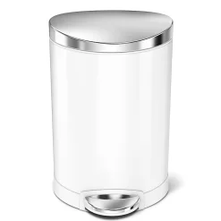simplehuman Semi-Round Steel Step Trash Can, 1.6 Gallons, White With Stainless Steel Lid