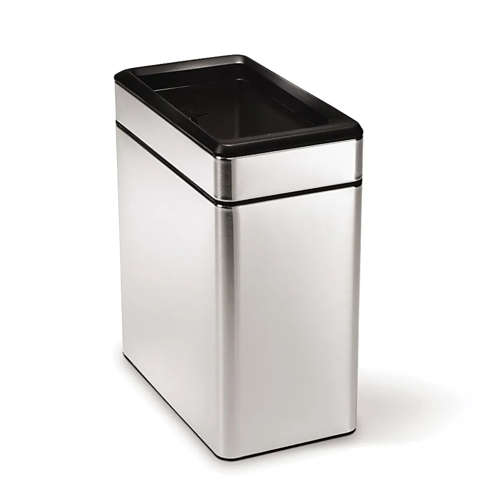simplehuman Slim Open Top Mini Trash Can, 2.6 Gallons, 13"H x 6.2"W x 11.3"D, Rectangular, Brushed Stainless Steel