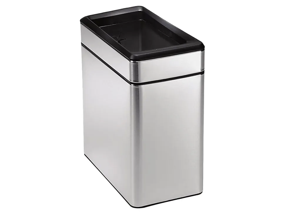 simplehuman Slim Open Top Mini Trash Can, 2.6 Gallons, 13"H x 6.2"W x 11.3"D, Rectangular, Brushed Stainless Steel