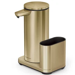 simplehuman Touch-Free Rechargeable Sensor Liquid Soap And Hand Sanitizer Dispenser, With Caddy, 14 Oz, Brass
