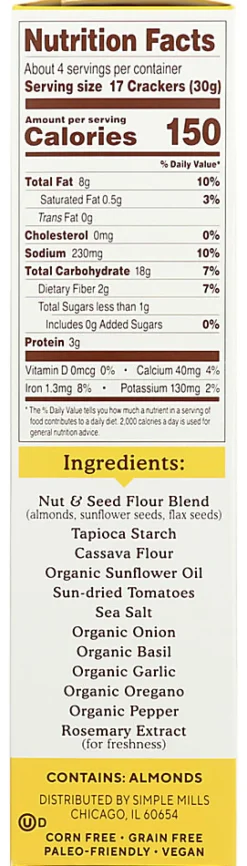 Simple Mills Almond Flour Crackers, Sun Dried Tomato and Basil, 4.25 Oz, Total Qty 6