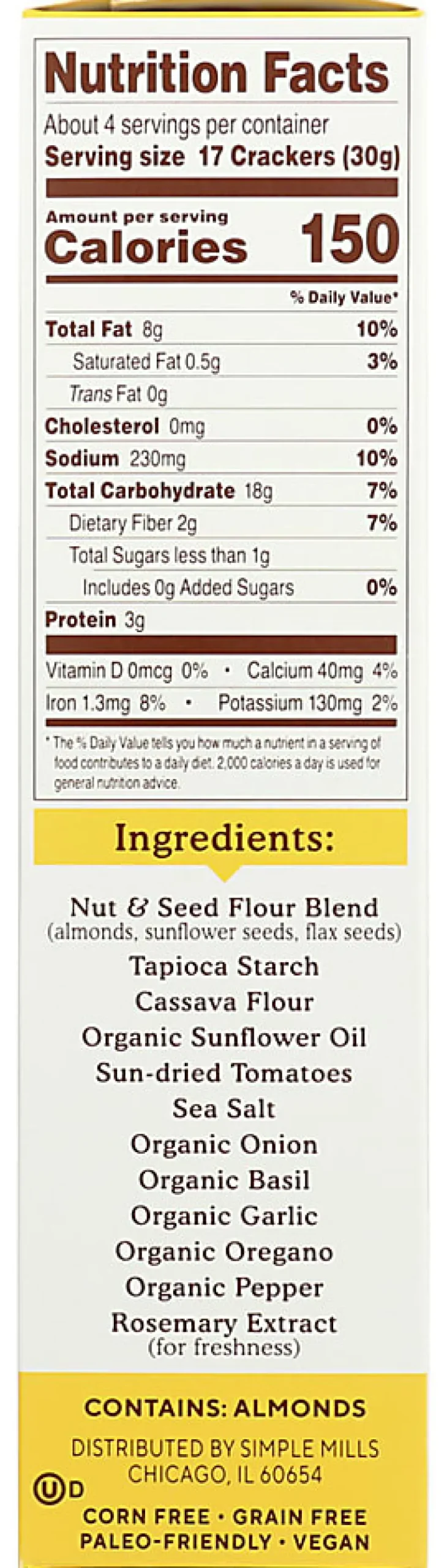 Simple Mills Almond Flour Crackers, Sun Dried Tomato and Basil, 4.25 Oz, Total Qty 6