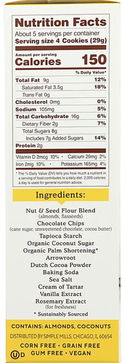 Simple Mills Crunchy Cookies, Double Chocolate, 5.5 Oz, Total Qty 6