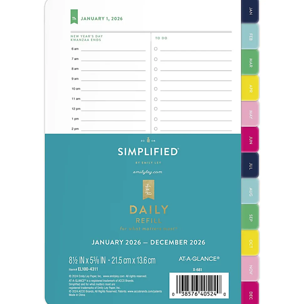 Simplified by Emily Ley for AT-A-GLANCE® 2026 One Page Per Weekday Refill, Loose-Leaf, Desk Size, 5 1/2" x 8 1/2"