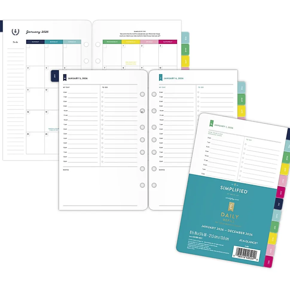 Simplified by Emily Ley for AT-A-GLANCE® 2026 One Page Per Weekday Refill, Loose-Leaf, Desk Size, 5 1/2" x 8 1/2"