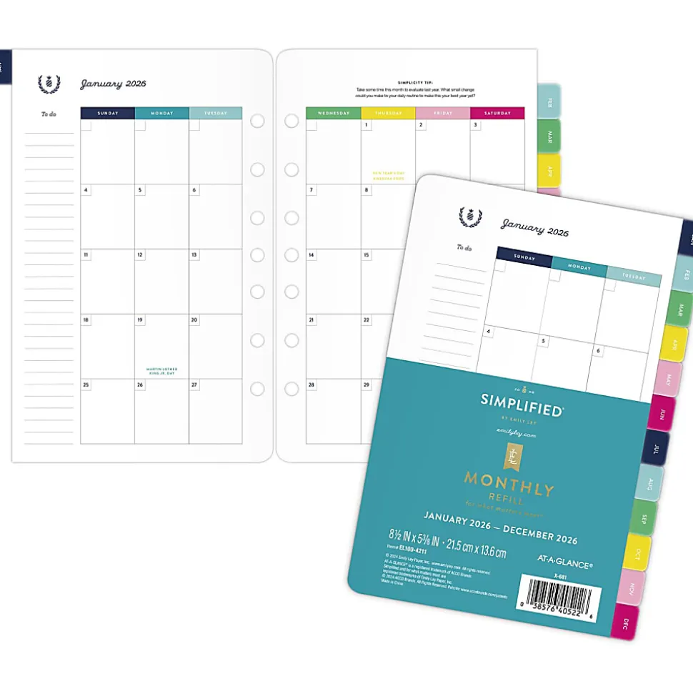 Simplified by Emily Ley for AT-A-GLANCE® 2026 Monthly Refill, Loose-Leaf, Desk Size, 5 1/2" x 8 1/2"