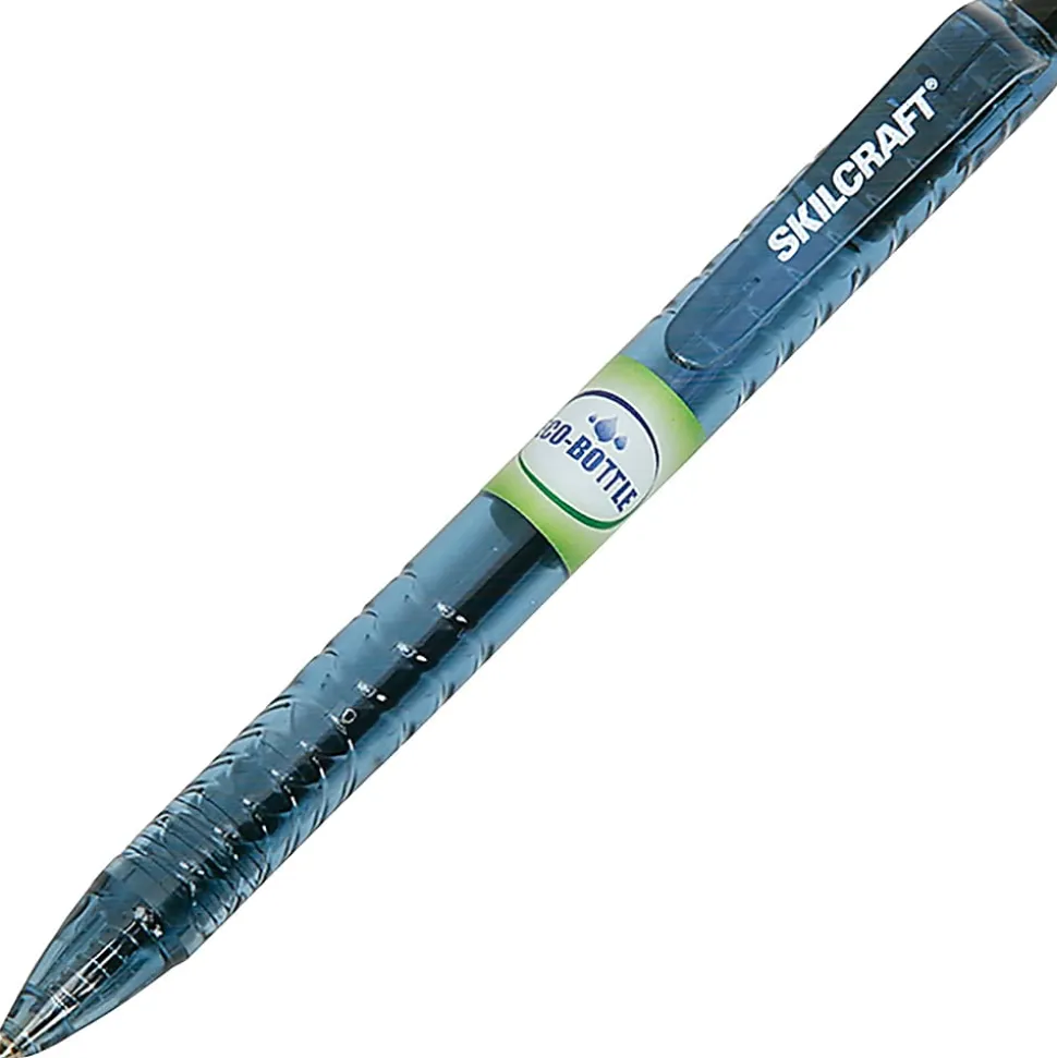 SKILCRAFT® Ballpoint Pens, Pack Of 12, Fine Point, Transparent Blue Barrel, Black Ink