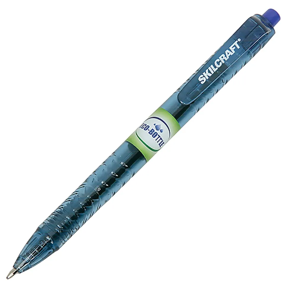 SKILCRAFT® Ballpoint Pens, Pack Of 12, Fine Point, Transparent Blue Barrel, Blue Ink