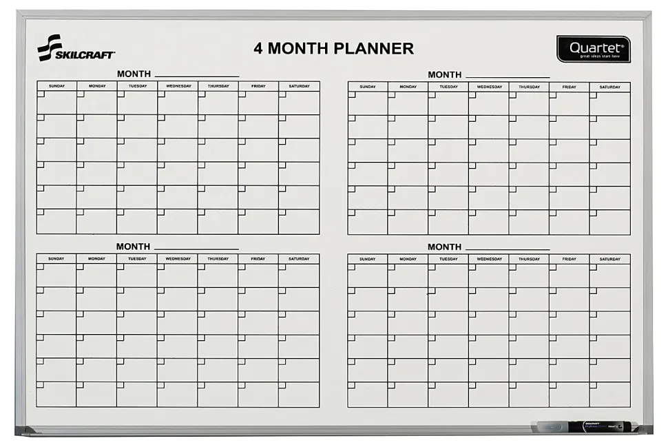 SKILCRAFT® Dry-Erase 4 Month Planner Whiteboard, 24" x 36", Aluminum Frame With Silver Finish (AbilityOne 7110 01 555 0295)