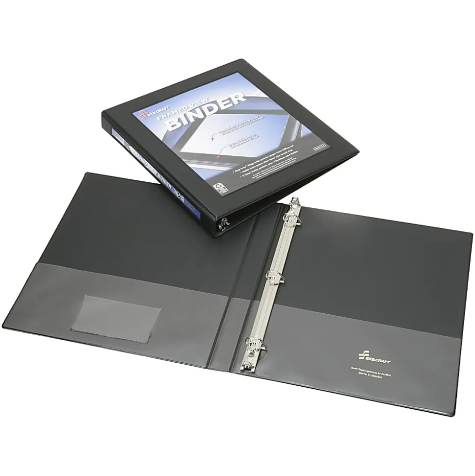 SKILCRAFT® Frame View 3-Ring Binder, 1/2" D-Rings, 45% Recycled, Black (AbilityOne 7510-01-462-1384)
