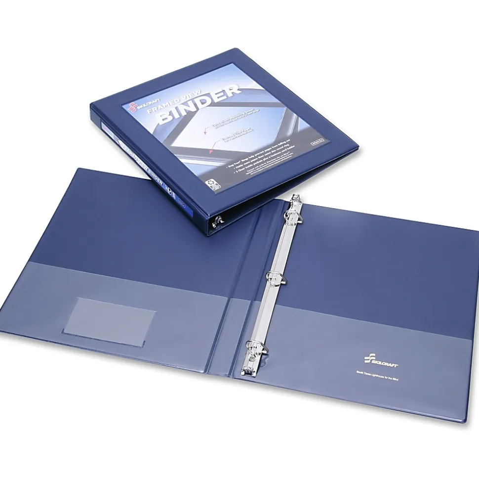 SKILCRAFT® Frame View 3-Ring Binder, 1/2" D-Rings, 45% Recycled, Blue (AbilityOne 7510-01-462-1383)