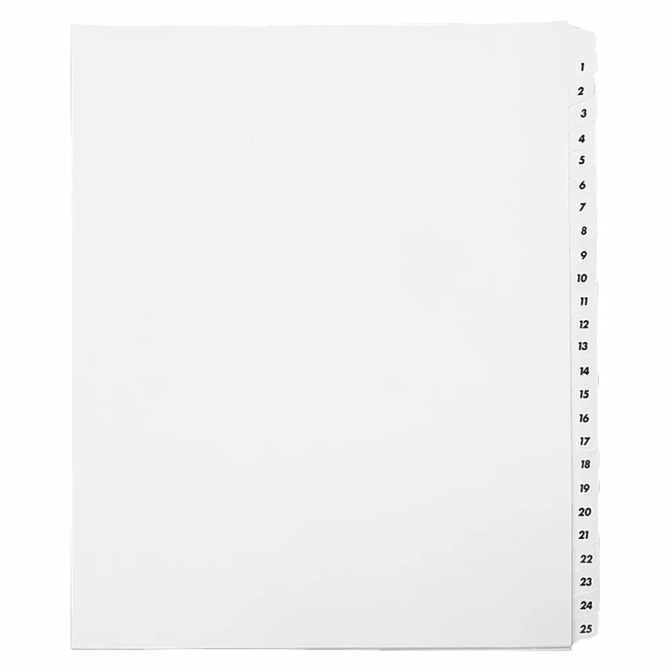 SKILCRAFT® Index Divider Sheets With Numerical Tabs, 1-25, Letter Size, Clear/White, Set Of 25 (AbilityOne 7530-01-407-2250)