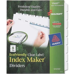 SKILCRAFT® Index Maker Clear Label Dividers With Whtie Tabs, 8-Tab, Pack Of 5 Sets (AbilityOne 7530-01-600-6982)
