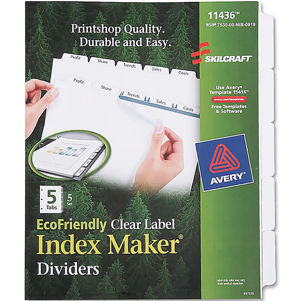 SKILCRAFT® Index Maker Clear Label Dividers With White Tabs, 5-Tab, Pack Of 5 Sets (AbilityOne 7530-01-600-6981)