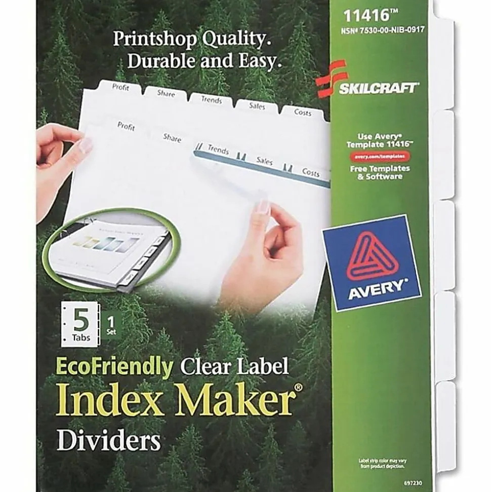 SKILCRAFT® Index Maker 100% Recycled Clear Label Dividers With White Tabs, 5-Tab (AbilityOne 7530-01-600-6977)