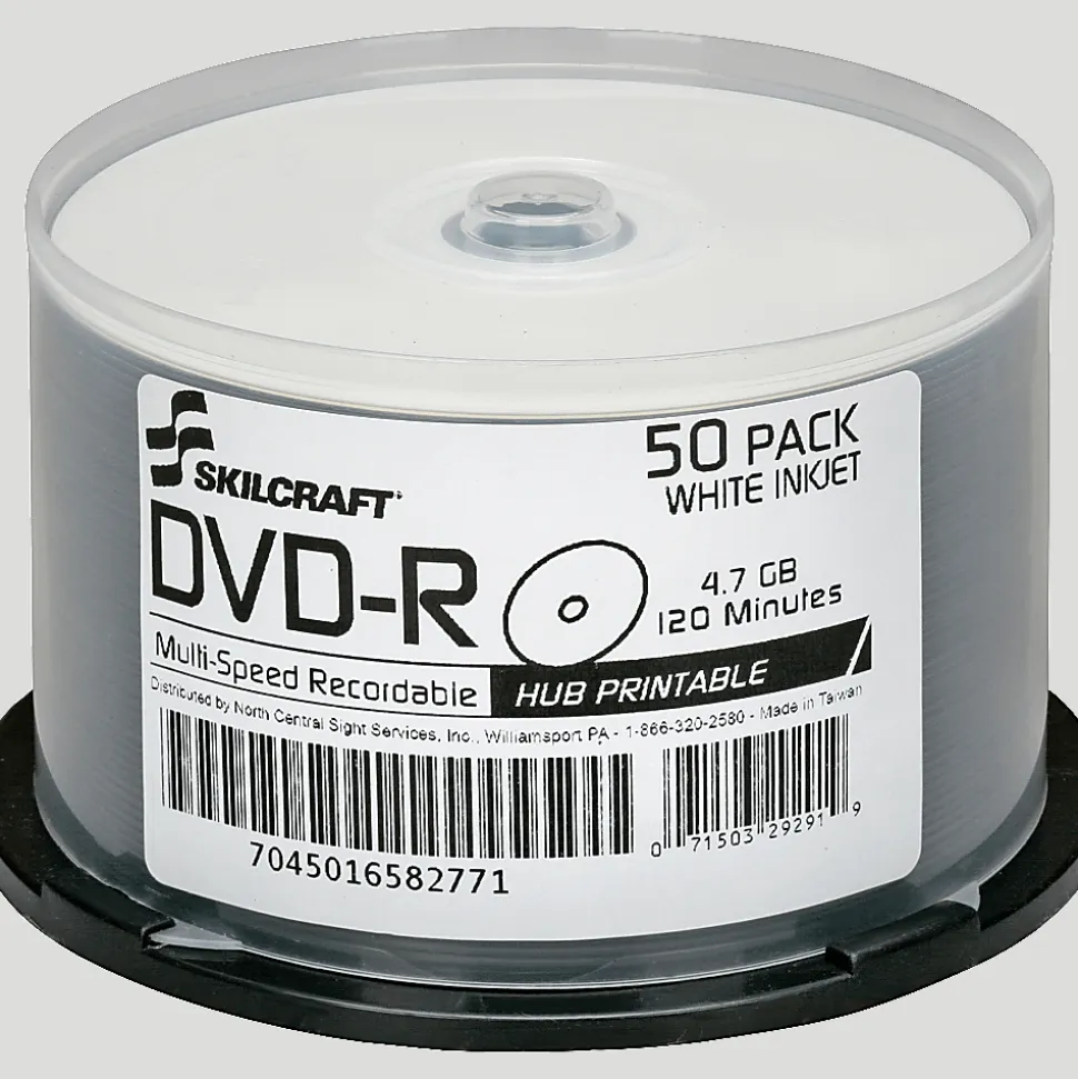 SKILCRAFT® Inkjet Printable DVD-R Recordable Media With Spindle, 4.70 GB/120 Minutes, Pack Of 50 Pack