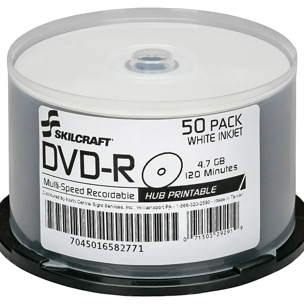 SKILCRAFT® Inkjet Printable DVD-R Recordable Media With Spindle, 4.70 GB/120 Minutes, Pack Of 50 Pack