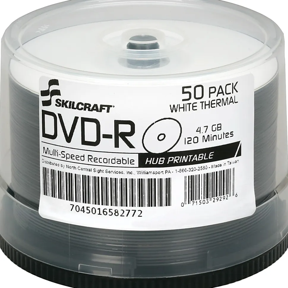 SKILCRAFT® Laser Printable DVD-R Recordable Media With Spindle, 4.70 GB, 120 Minutes, Pack Of 50 Pack