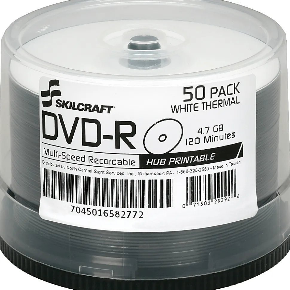 SKILCRAFT® Laser Printable DVD-R Recordable Media With Spindle, 4.70 GB, 120 Minutes, Pack Of 50 Pack