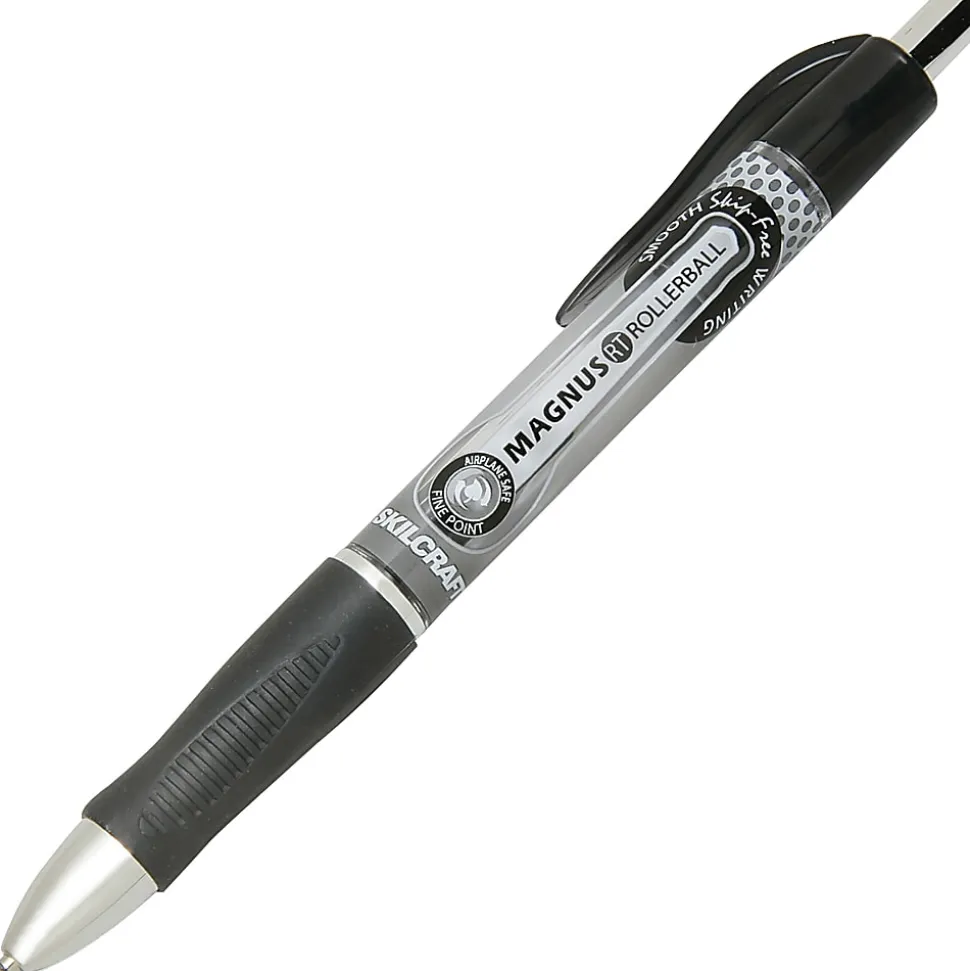 SKILCRAFT® Magnus Retractable Rollerball Pens, Needle Point, 0.5 mm, Black Barrel, Black Ink, Pack Of 12