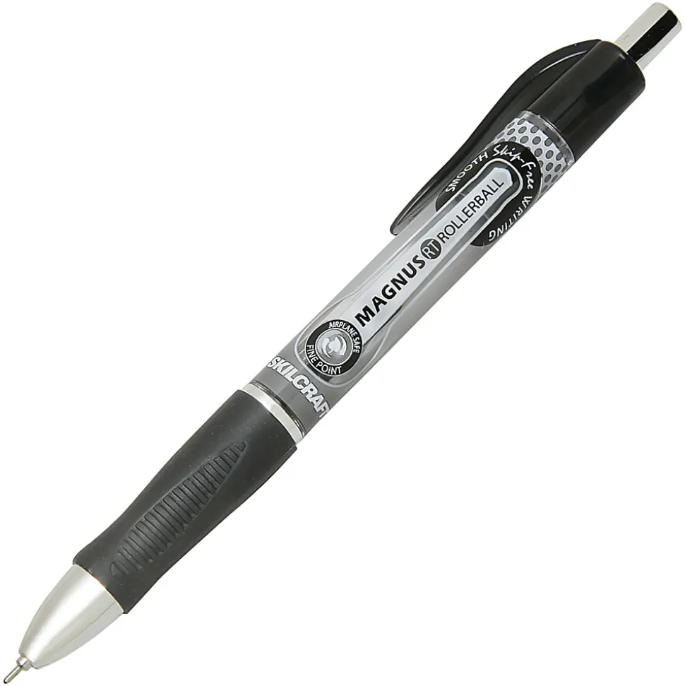 SKILCRAFT® Magnus Retractable Rollerball Pens, Needle Point, 0.5 mm, Black Barrel, Black Ink, Pack Of 12