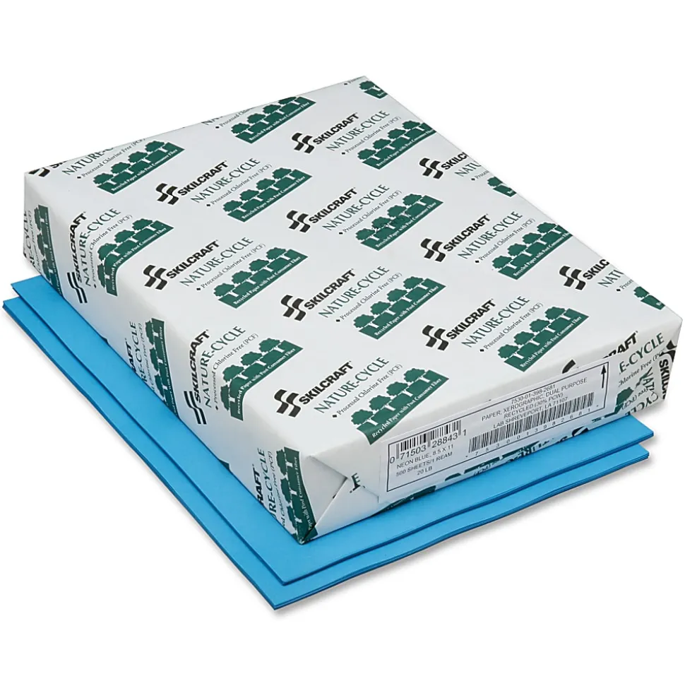 SKILCRAFT® Neon Color Copy Paper, Neon Blue, Letter (8.5" x 11"), 500 Sheets Per Ream, 20 Lb, 30% Recycled