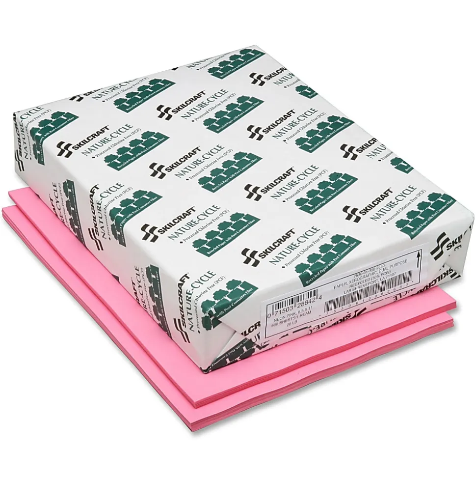 SKILCRAFT® Neon Color Copy Paper, Neon Pink, Letter (8.5" x 11"), 500 Sheets Per Ream, 20 Lb, 30% Recycled