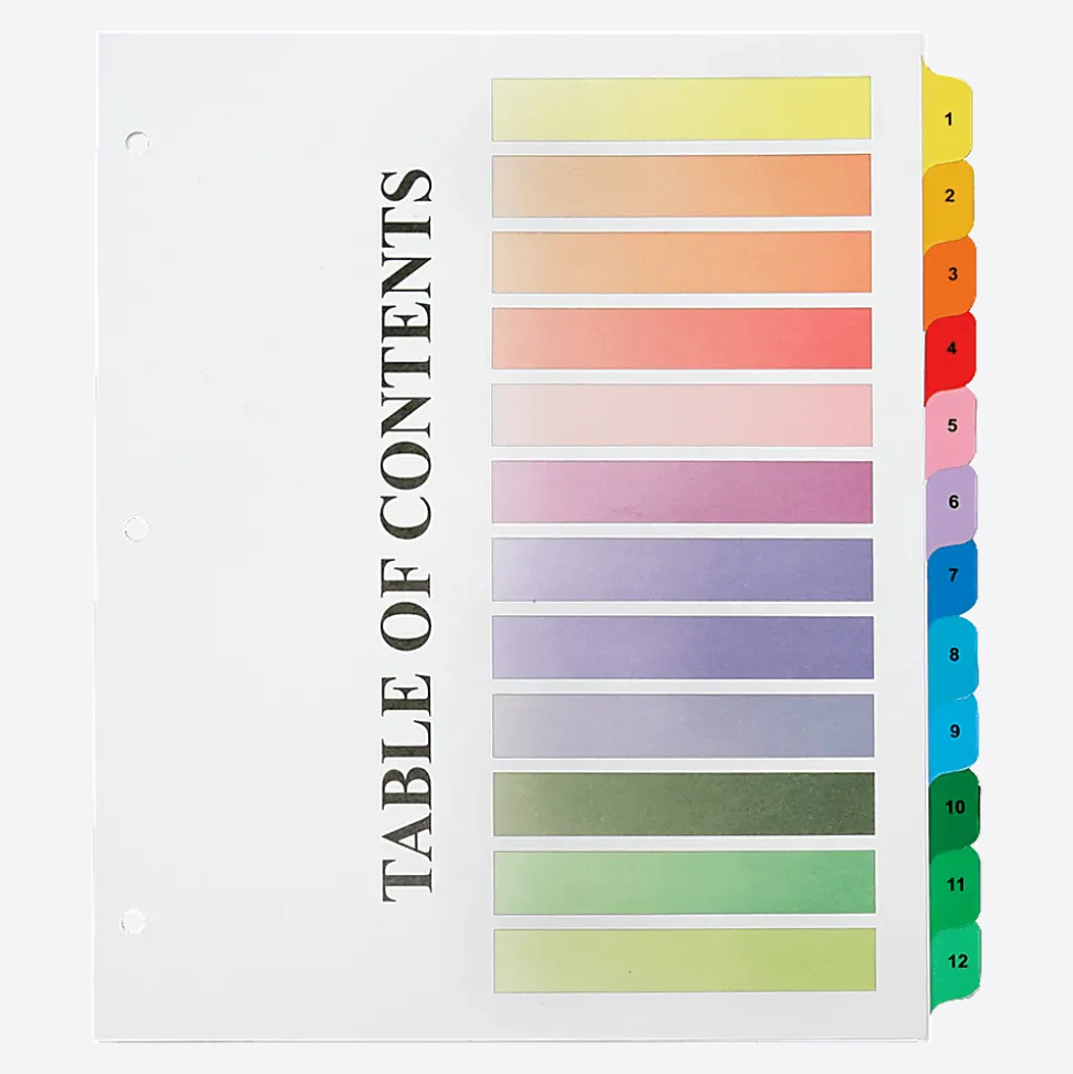SKILCRAFT® Numerical Tab Set, 8 1/2" x 11", 30% Recycled, Set Of 12, Assorted Colors (AbilityOne 7530-01-621-5258)