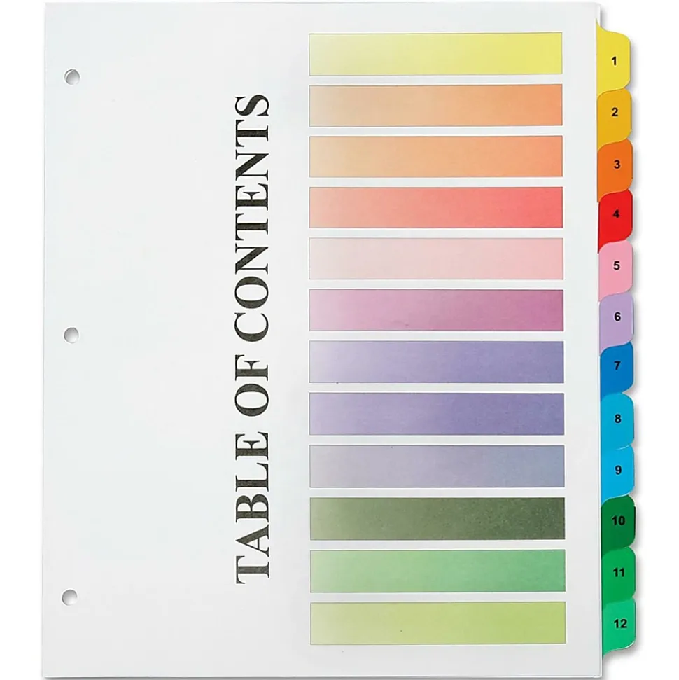SKILCRAFT® Numerical Tab Set, 8 1/2" x 11", 30% Recycled, Set Of 12, Assorted Colors (AbilityOne 7530-01-621-5258)