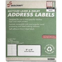 SKILCRAFT Permanent Inkjet/Laser Address Labels, NSN5144904, Rectangle, 1" x 2 5/8", White, Box Of 100 Sheets (AbilityOne 7530-01-514-4904)