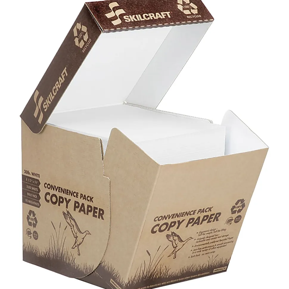 SKILCRAFT® Reamless Multi-Use Printer & Copy Paper, White, Letter (8.5" x 11"), 2500 Sheets Per Case, 20 Lb, 92 Brightness, 100% Recycled