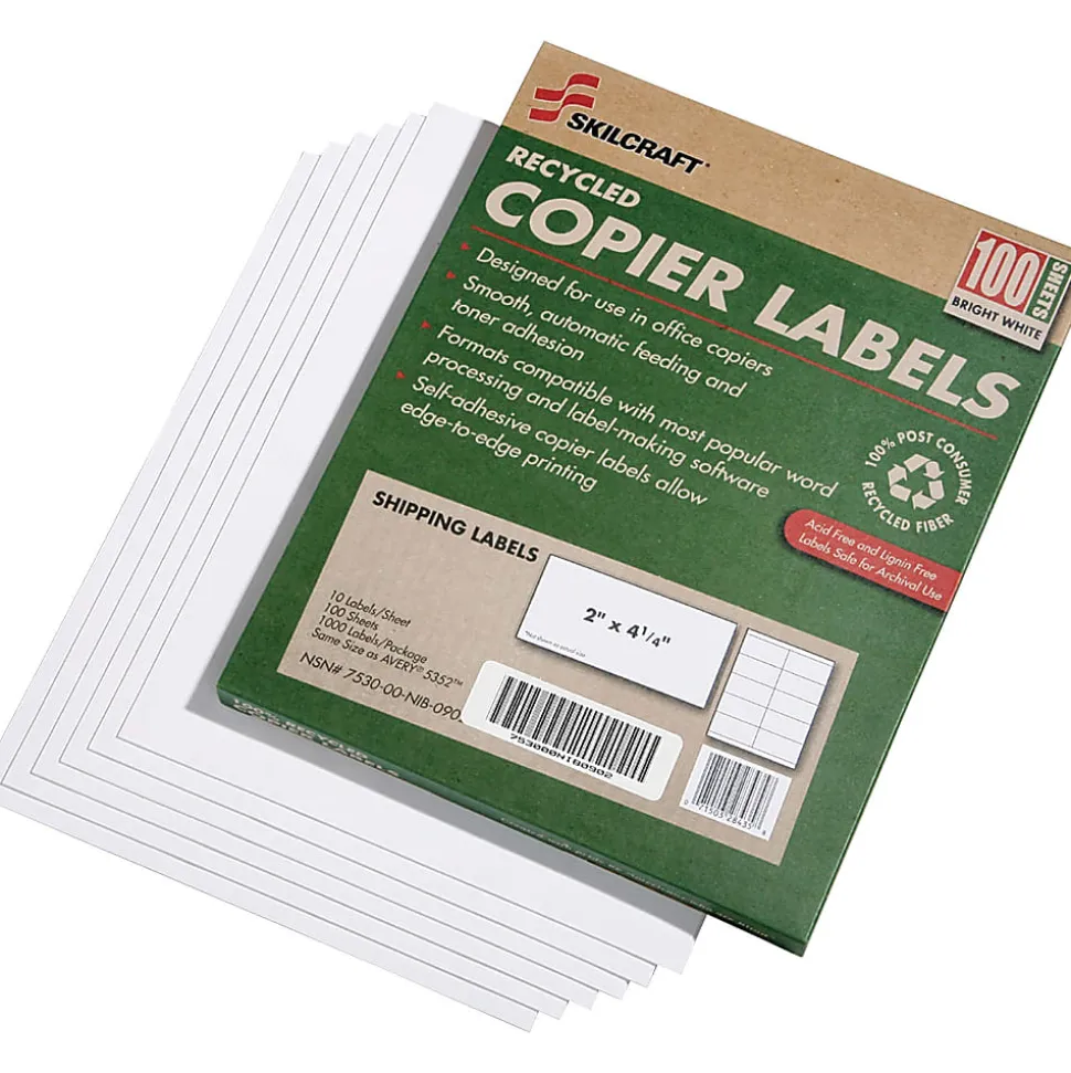 SKILCRAFT® 100% Recycled Copier Shipping Labels, Rectangle, 2" x 4 1/4", White, Box Of 100