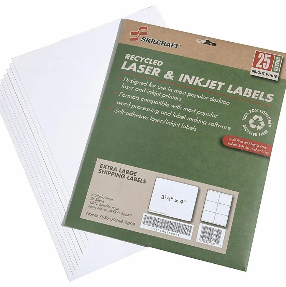 SKILCRAFT® 100% Recycled Inkjet/Laser Shipping Labels, Rectangle, 3 1/3" x 4", White, Pack Of 25 (AbilityOne 7530-01-578-9295)