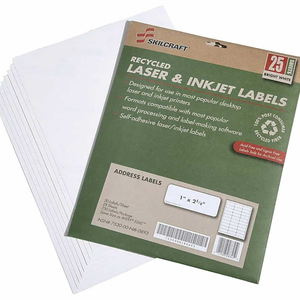SKILCRAFT® 100% Recycled Inkjet/Laser Address Labels, Rectangle, 2" x 4", White, Box Of 2500 (AbilityOne 7530-01-647-1413)