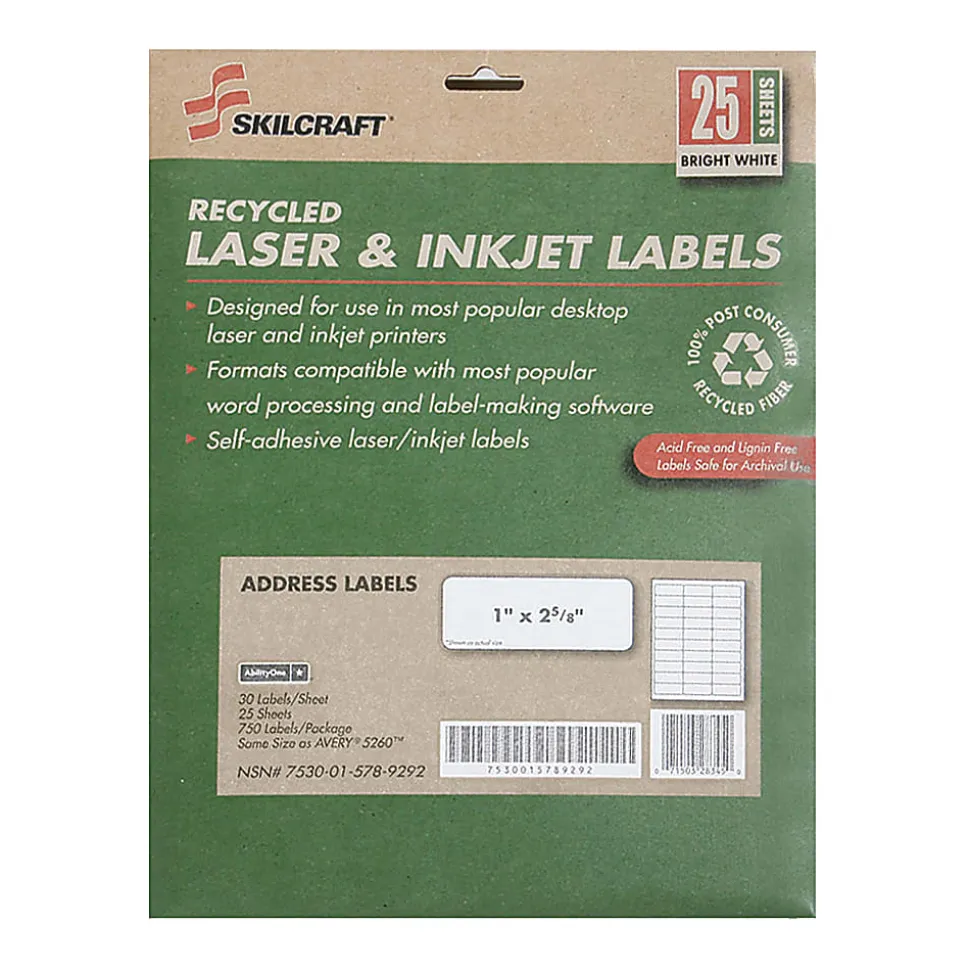 SKILCRAFT® 100% Recycled Inkjet/Laser Address Labels, Rectangle, 2" x 4", White, Box Of 2500 (AbilityOne 7530-01-647-1413)