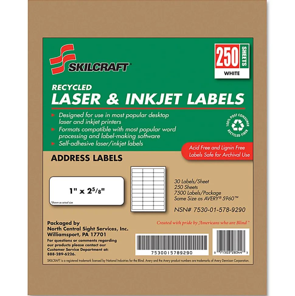 SKILCRAFT® 100% Recycled Inkjet/Laser Address Labels, Rectangle, 1" x 2 5/8", White, Box Of 250 Sheets (AbilityOne 7530-01-578-9290)
