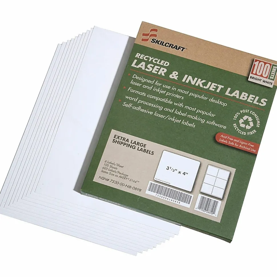 SKILCRAFT® 100% Recycled Inkjet/Laser Shipping Labels, Rectangle, 3 1/3" x 4", White, Pack Of 100 (AbilityOne 7530-01-578-9294)
