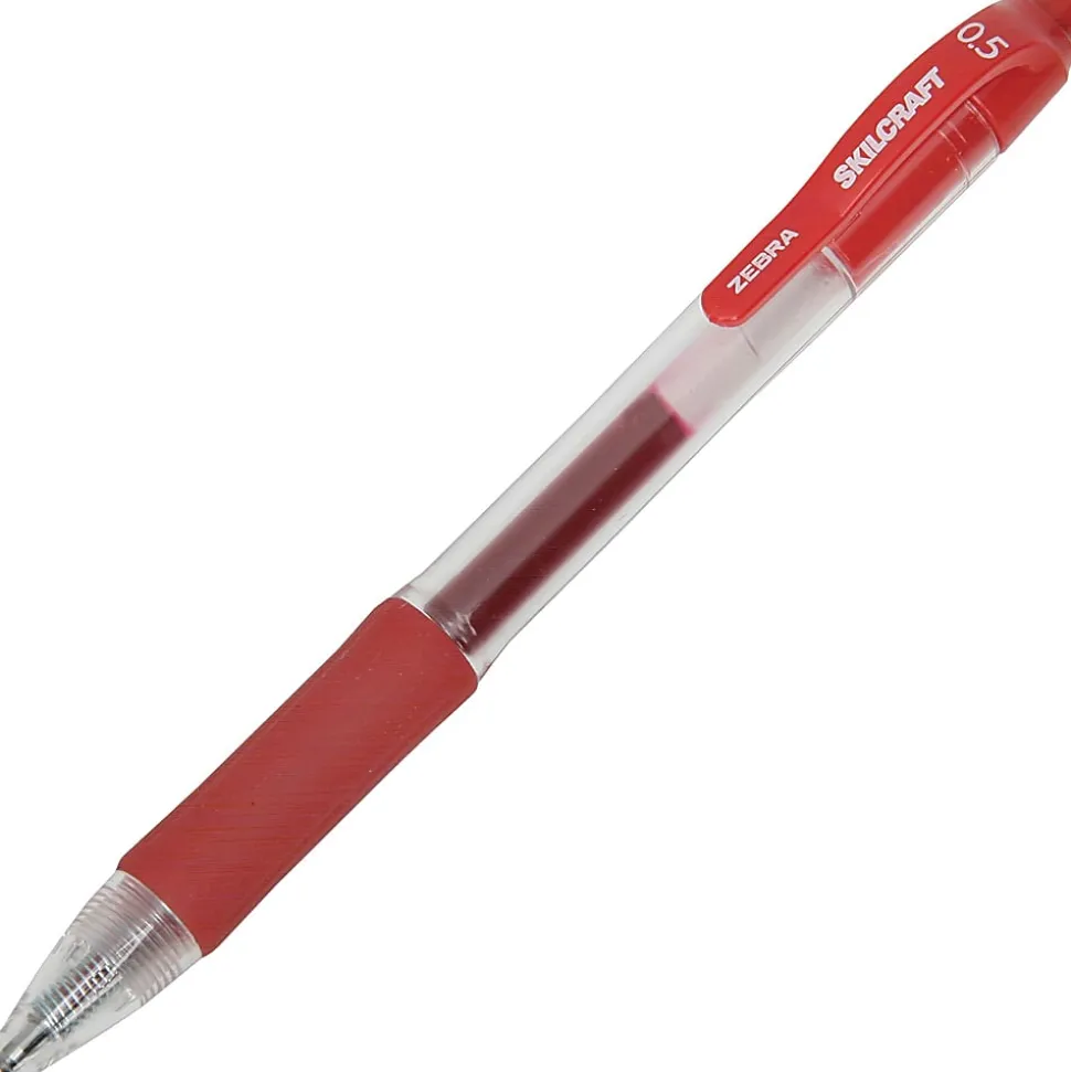 SKILCRAFT® Retractable Gel Pens, Fine Point, 0.5 mm, Clear/Red Barrel, Red Ink, Pack Of 12 Pens