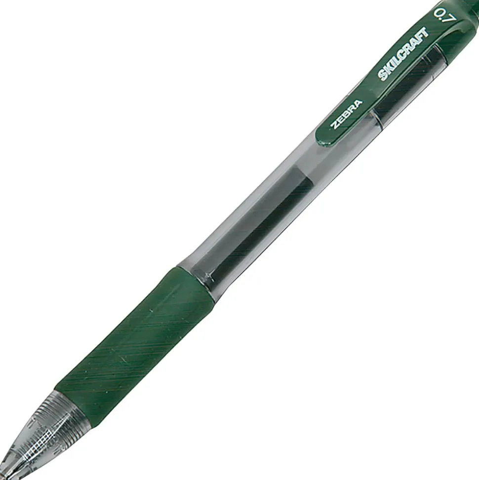 SKILCRAFT® Retractable Gel Pens, Medium Point, 0.7 mm, Clear/Green Barrel, Green Ink, Pack Of 12 Pens