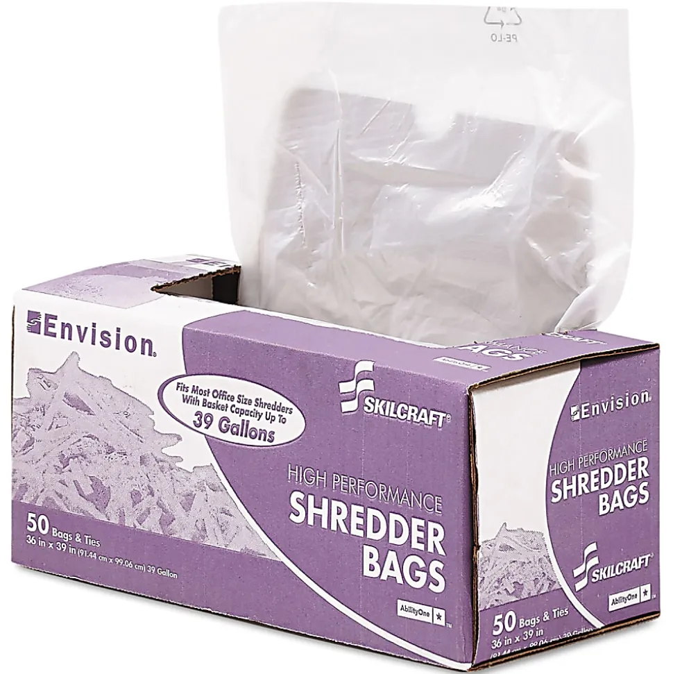 SKILCRAFT Shredder Bags, 36" x 39", 39 Gallons, Clear, Roll Of 50 Bags, (AbilityOne 8105-01-399-4793)