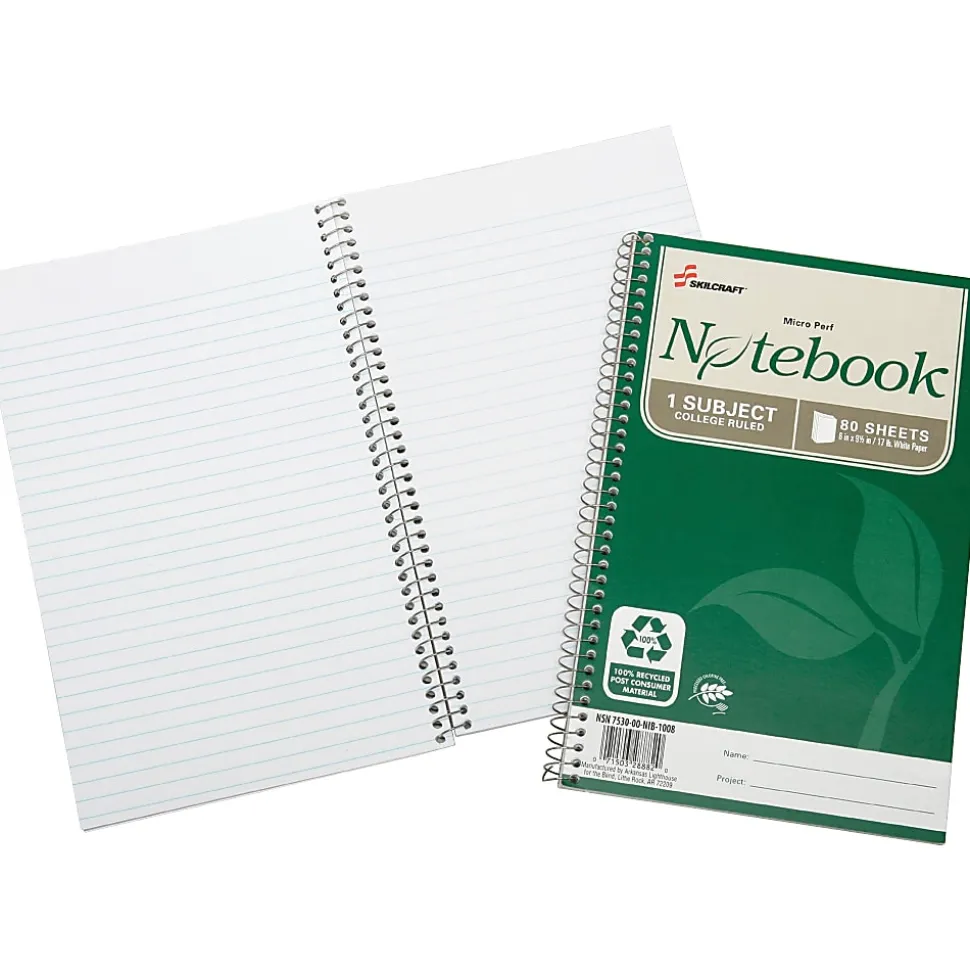 SKILCRAFT® Spiral Notebook, 6" x 9-1/2", 1 Subject, College Rule, 80 Sheets, 100% Recycled, Green, Pack of 3