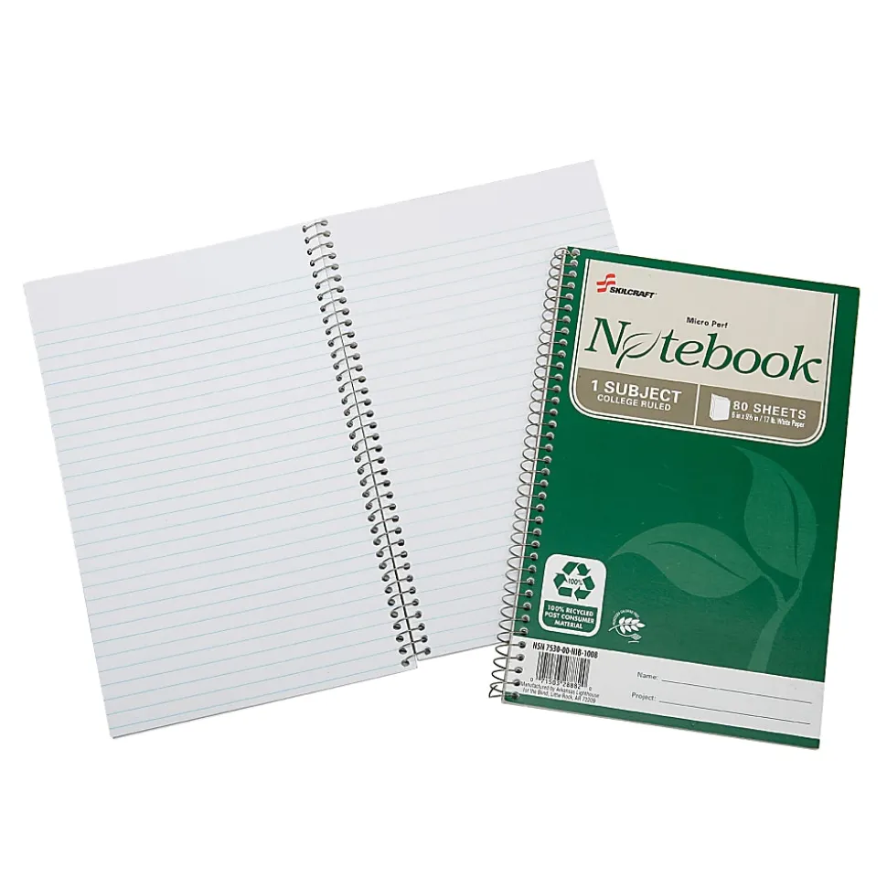 SKILCRAFT® Spiral Notebook, 6" x 9-1/2", 1 Subject, College Rule, 80 Sheets, 100% Recycled, Green, Pack of 3