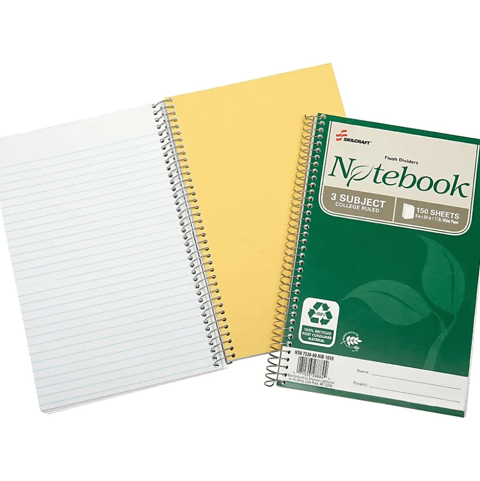 SKILCRAFT® Spiral Notebook, 6" x 9-1/2", 3 Subject, College Rule, 150 Sheets, 100% Recycled, Green, Pack of 3