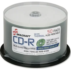 SKILCRAFT® Thermal Printable 52x CD-R Discs, 50-Pack Spindle (AbilityOne 7045-01-626-9521)