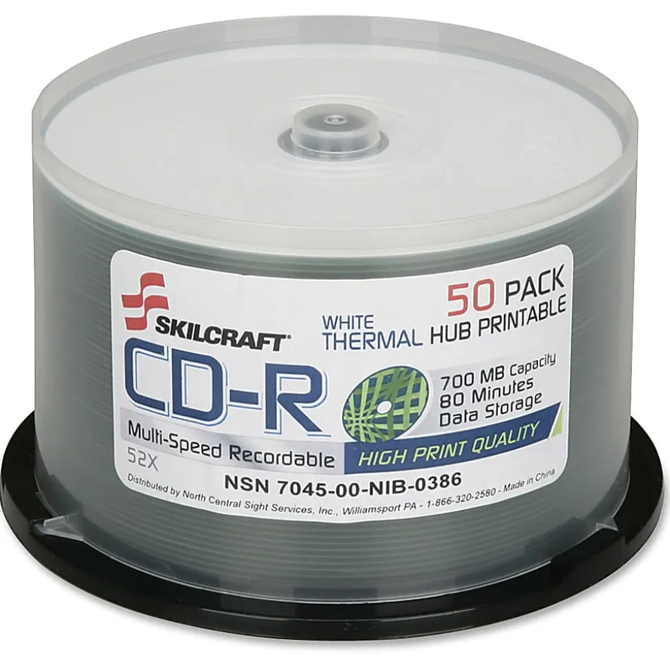 SKILCRAFT® Thermal Printable 52x CD-R Discs, 50-Pack Spindle (AbilityOne 7045-01-626-9521)